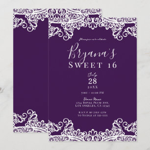 Plum Paars & Gold Lace Elegant Sweet 16 Party Kaart