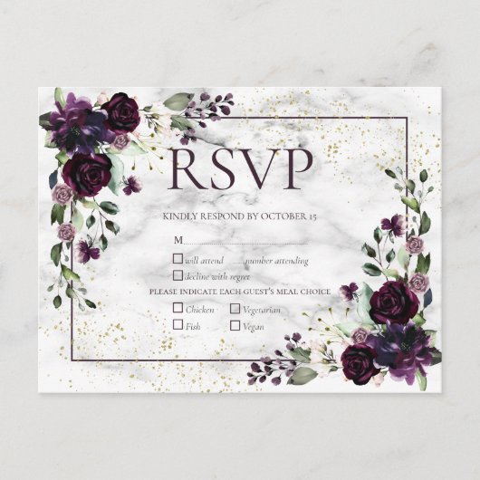 Plum Paars Gold Marble Fall Wedding RSVP Uitnodiging Briefkaart (Voorkant)