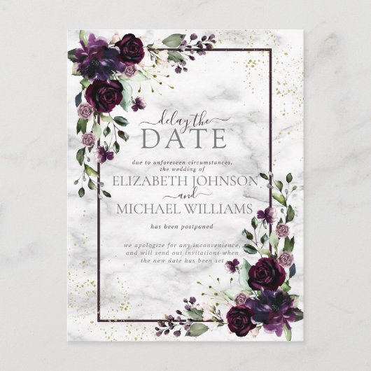 Plum Paars Gold Waterverf Marble Delay The Date Feestdagenkaart (Voorkant)