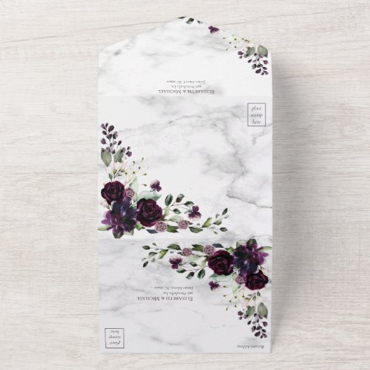 Plum Paars Gold Waterverf Marble Fall Wedding All In One Uitnodiging (Buitenkant)