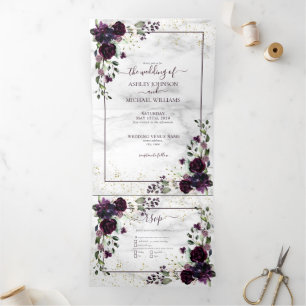 Plum Paars Gold Waterverf Marble Fall Wedding Drieluik Uitnodiging