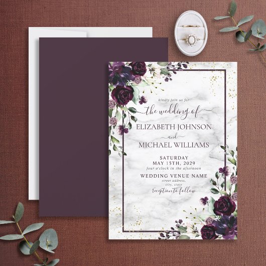 Plum Paars Gold Waterverf Marble Fall Wedding Kaart