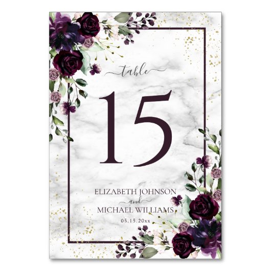 Plum Paars Gold Waterverf Marble Photo Wedding Kaart (Voorkant)