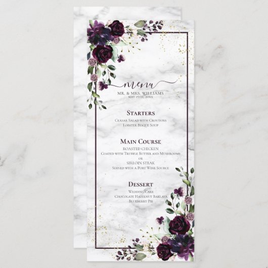Plum Paars Gold Waterverf Marmer Wedding Menu (Voorkant / Achterkant)