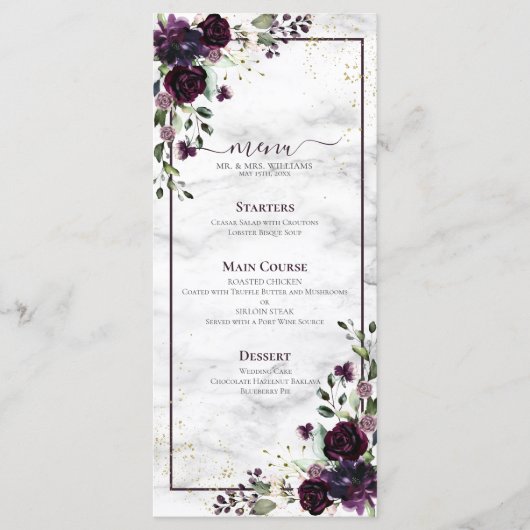 Plum Paars Gold Waterverf Marmer Wedding Menu (Voorkant)