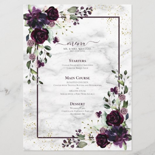 Plum Paars Gold Waterverf Marmer Wedding Menu (Voorkant)
