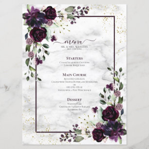 Plum Paars Gold Waterverf Marmer Wedding Menu