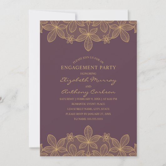Plum Paars Golden Lace Engagement Party Elegant Kaart (Voorkant)