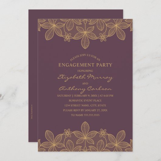Plum Paars Golden Lace Engagement Party Elegant Kaart (Voorkant / Achterkant)