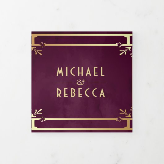 Plum Paars Goud Art Deco Foto Collage Bruiloft Drieluik Uitnodiging (Cover)