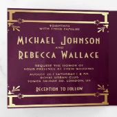 Plum Paars Goud Art Deco Foto Collage Bruiloft Drieluik Uitnodiging (Binnenzijde eerst)