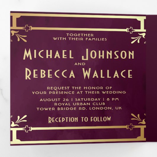 Plum Paars Goud Art Deco Foto Collage Bruiloft Drieluik Uitnodiging (Binnenzijde eerst)