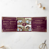 Plum Paars Goud Art Deco Foto Collage Bruiloft Drieluik Uitnodiging (Binnen)