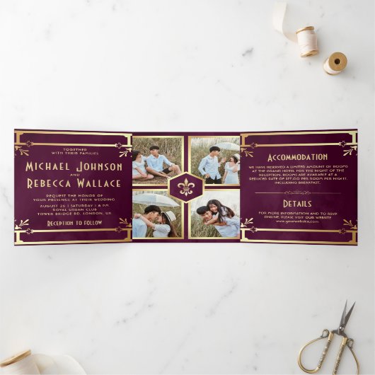 Plum Paars Goud Art Deco Foto Collage Bruiloft Drieluik Uitnodiging (Binnen)