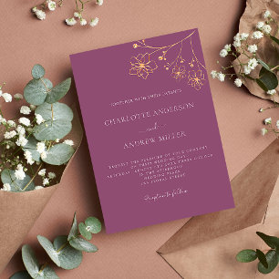 Plum paars goudfloral elegant botanical bruiloft kaart