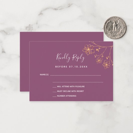 Plum paars goudflorelegant bruiloft RSVP Notitiekaartje (Voorkant / Achterkant in situ)