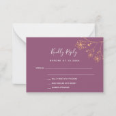 Plum paars goudflorelegant bruiloft RSVP Notitiekaartje (Voorkant)