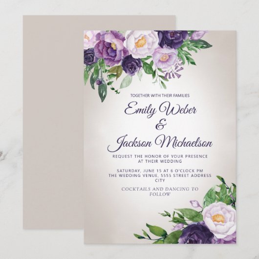 Plum Paars Lavender Greenery Wedding Kaart (Voorkant / Achterkant)