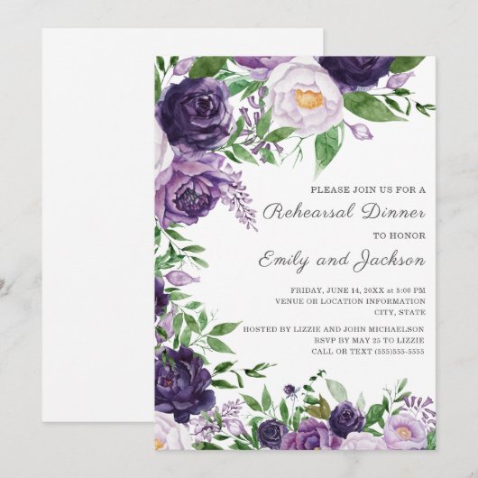 Plum Paars Lavender Waterverf Floral Rehearal Kaart (Voorkant / Achterkant)