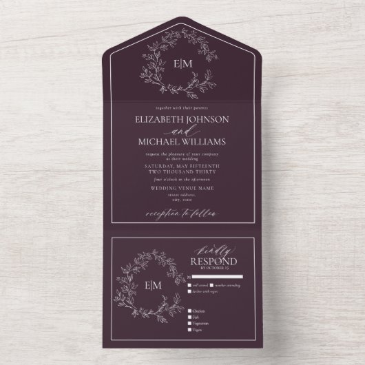 Plum Paars Leafy Crest Monogram Bigon All In One Uitnodiging (Binnen)