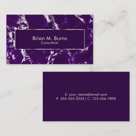 Plum Paars Marble en Metallic Silver Design Visitekaartje (Voorkant / Achterkant)