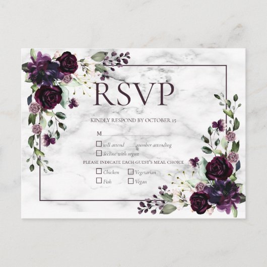 Plum Paars Marble Fall Wedding RSVP Invitati Uitnodiging Briefkaart (Voorkant)