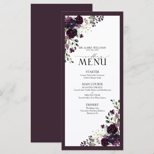 Plum Paars Mauve Floral Waterverf bruiloft Menu (Voorkant / Achterkant)