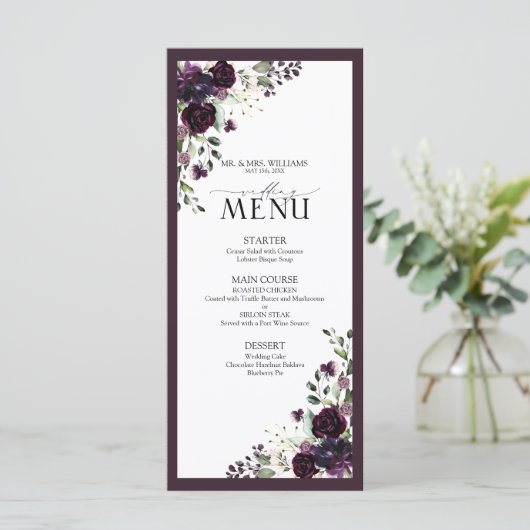Plum Paars Mauve Floral Waterverf bruiloft Menu (Staand voorkant)