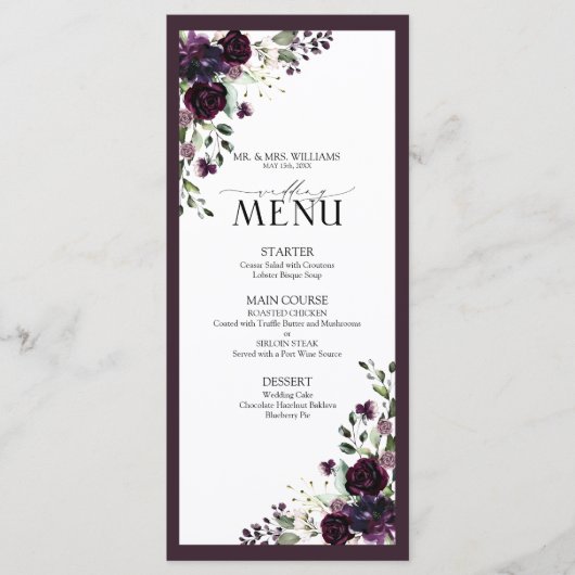 Plum Paars Mauve Floral Waterverf bruiloft Menu (Voorkant)