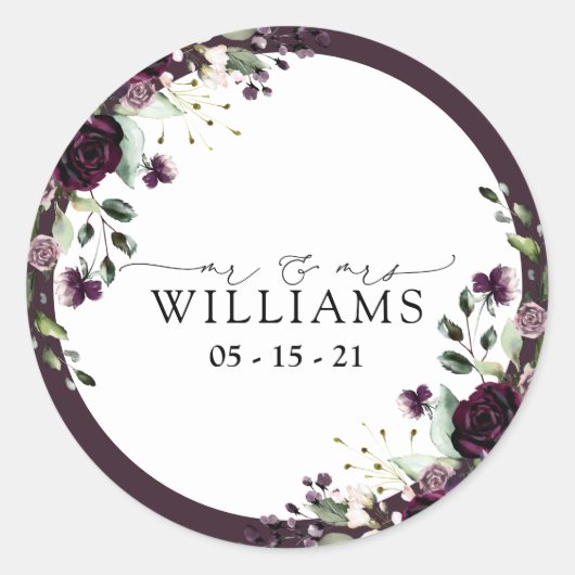 Plum Paars Mauve Floral Waterverf bruiloft Ronde Sticker (Voorkant)