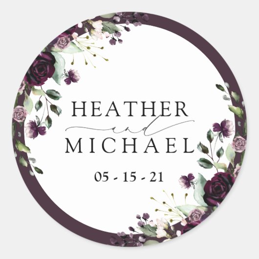 Plum Paars Mauve Floral Waterverf bruiloft Ronde Sticker (Voorkant)