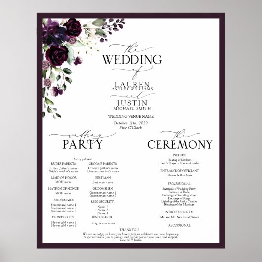 Plum Paars Mauve Floral Waterverf Programme Poster (Voorkant)