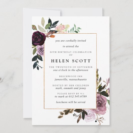 Plum Paars Mauve Pink Floral 80th Birthday Kaart (Voorkant)