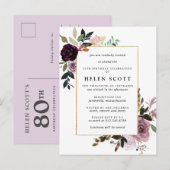 Plum Paars Mauve Pink Floral 80th Birthday Uitnodiging Briefkaart (Voorkant / Achterkant)