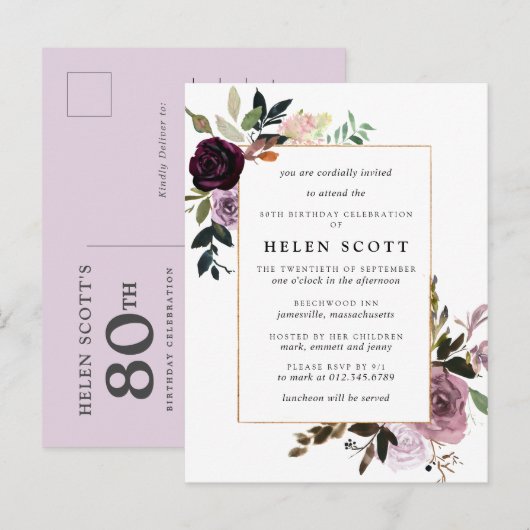 Plum Paars Mauve Pink Floral 80th Birthday Uitnodiging Briefkaart (Voorkant / Achterkant)