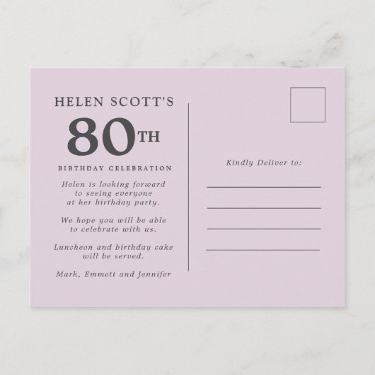 Plum Paars Mauve Pink Floral 80th Birthday Uitnodiging Briefkaart (Achterkant)