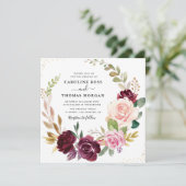 Plum paars & peach floral wreatbruiloft kaart (Staand voorkant)