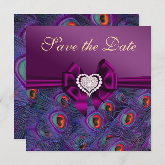 Plum Paars Peacock sparen de Datum Save The Date (Voorkant / Achterkant)
