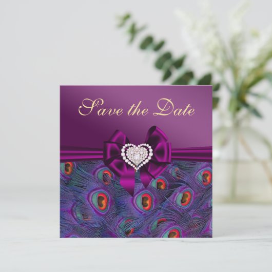 Plum Paars Peacock sparen de Datum Save The Date (Staand voorkant)