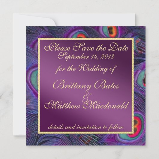 Plum Paars Peacock sparen de Datum Save The Date (Achterkant)