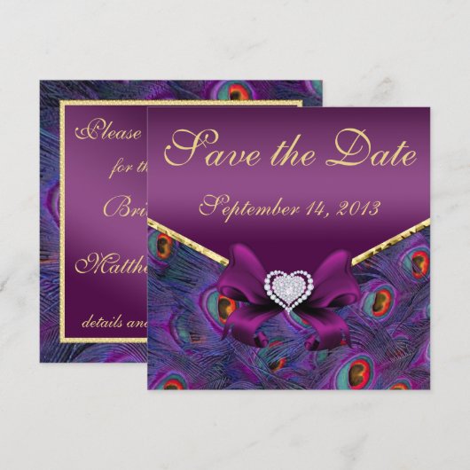 Plum Paars Peacock sparen de Datum Save The Date (Voorkant / Achterkant)