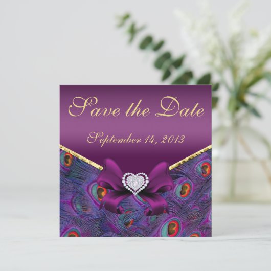 Plum Paars Peacock sparen de Datum Save The Date (Staand voorkant)