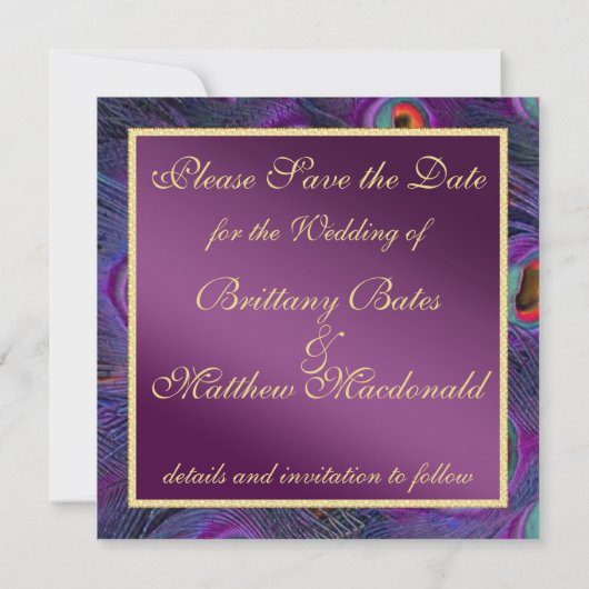 Plum Paars Peacock sparen de Datum Save The Date (Achterkant)