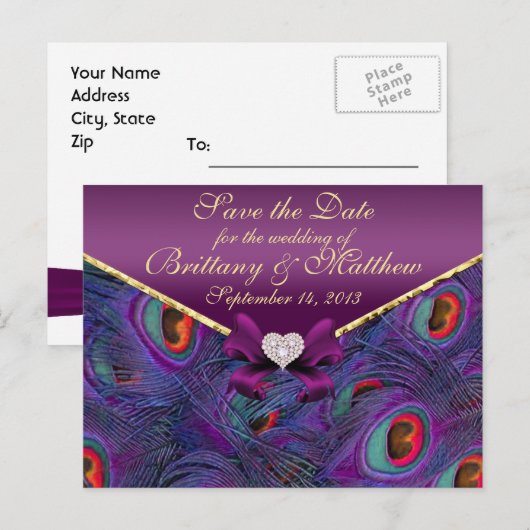 Plum Paars Peacock sparen het Briefkaart van de Da (Voorkant / Achterkant)