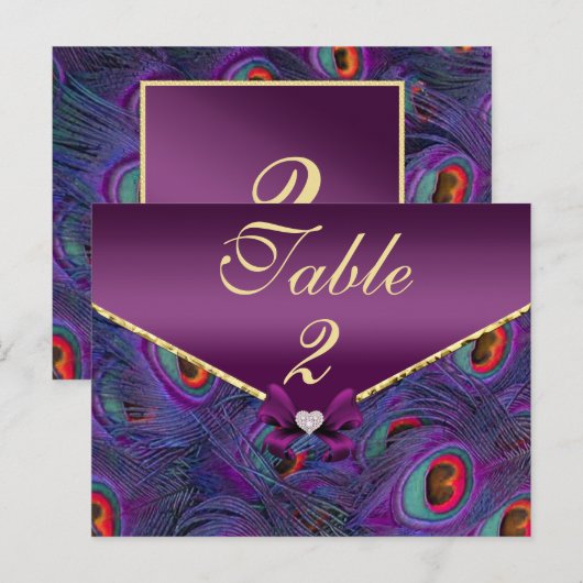 Plum Paars Peacock Table Number Kaart (Voorkant / Achterkant)