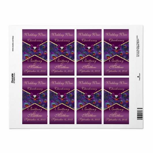 Plum Paars Peacock Weddenschap Wine Label (Full Sheet)
