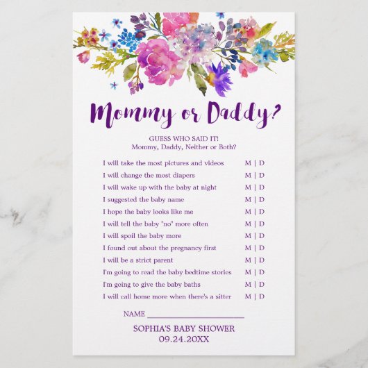 Plum Paars Pink & Blue Flower Mam or Dad Game Flyer (Voorkant)