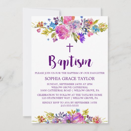 Plum Paars Pink & Blue Flowers Baptisme Kaart (Voorkant)