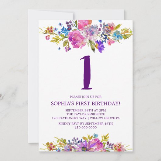 Plum Paars Pink & Blue Flowers First Birthday Kaart (Voorkant)