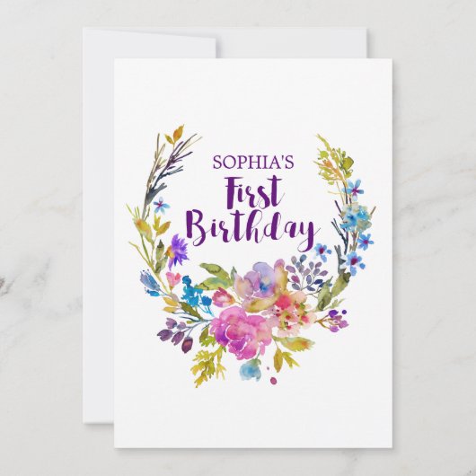 Plum Paars Pink & Blue Flowers First Birthday Kaart (Achterkant)